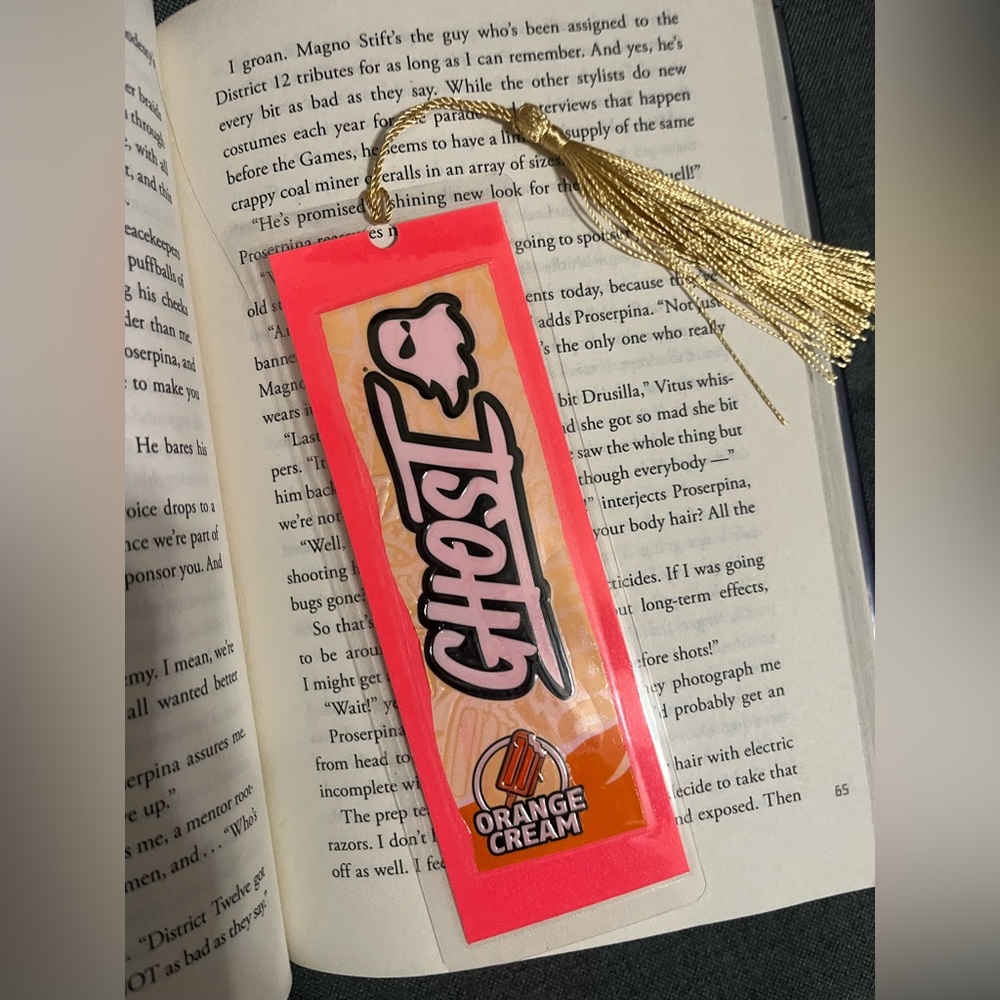 Ghost “Orange Cream” Bookmark – Neon Pink Tassel – Spooky Cute Energy